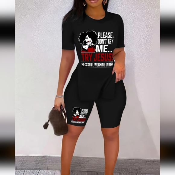 Womens Black / White / Red "Please Don't Try Me, Try Jesus" 2-Piece Shorts Set - Picture 7 of 11